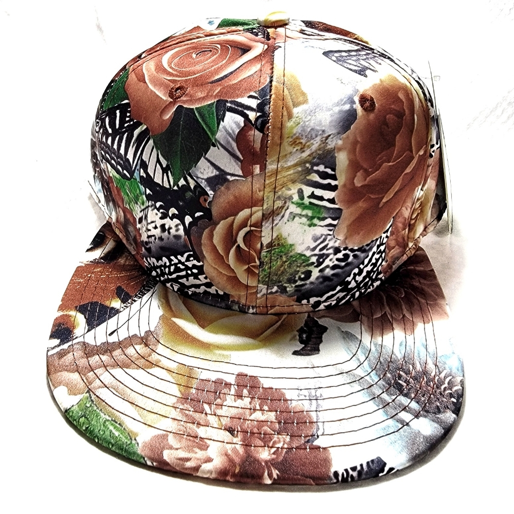 ``H25460 NWT Snapback/Baseball Cap - Butterflies & Big Roses (Brown, Black
